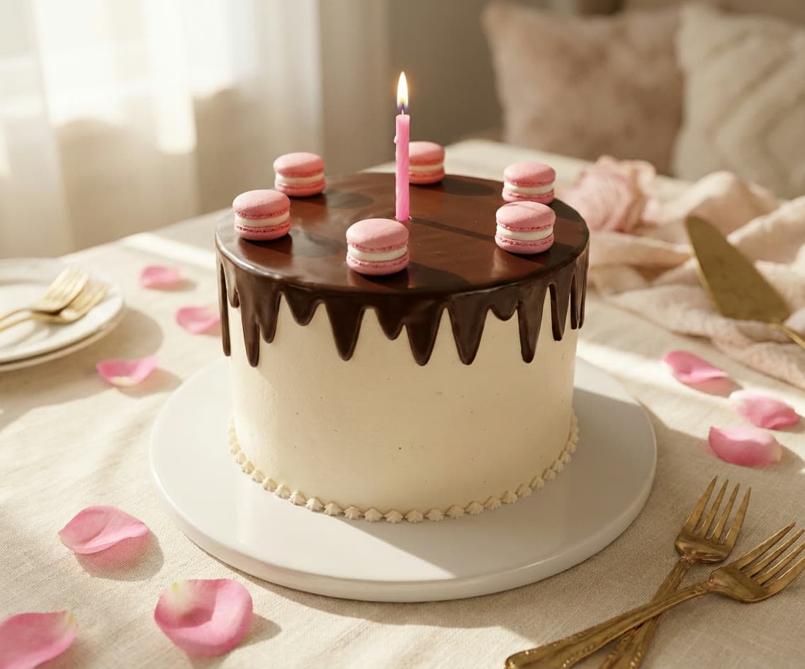 The same chocolate-drip cake as a styled food photograph, produced by Beautify