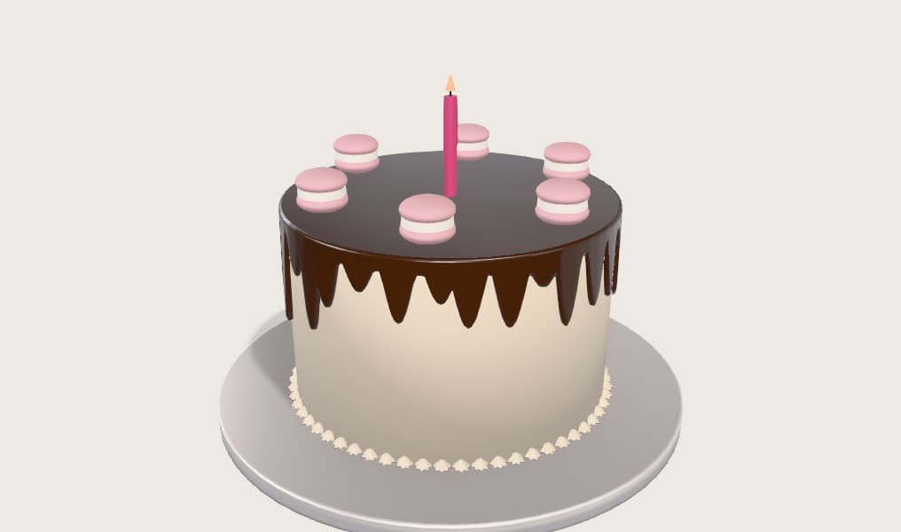 A chocolate-drip birthday cake as a 3D design in the Cake Studio editor