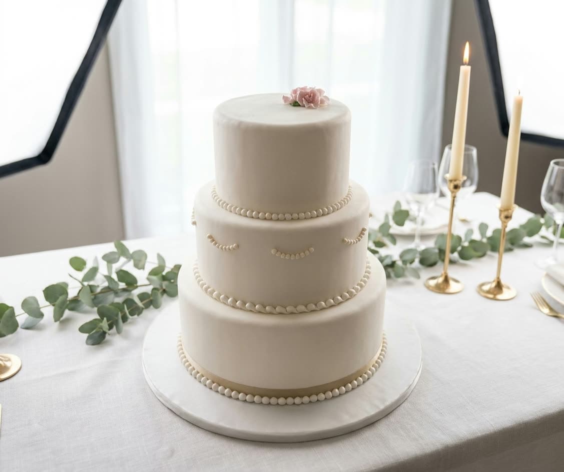 Ivory pearl cake, designed in Cake Studio and photographed by Beautify